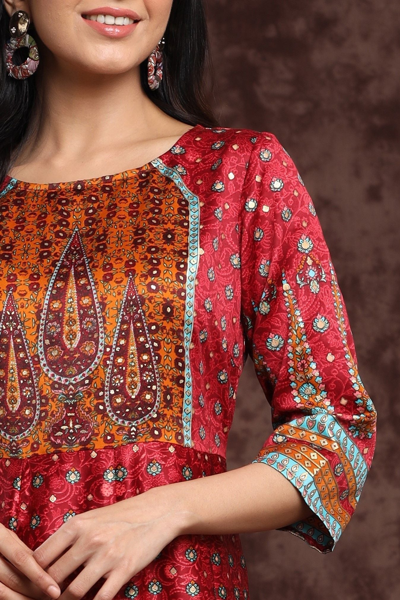 Women's Maroon Dull Satin Printed Anarkali Dress