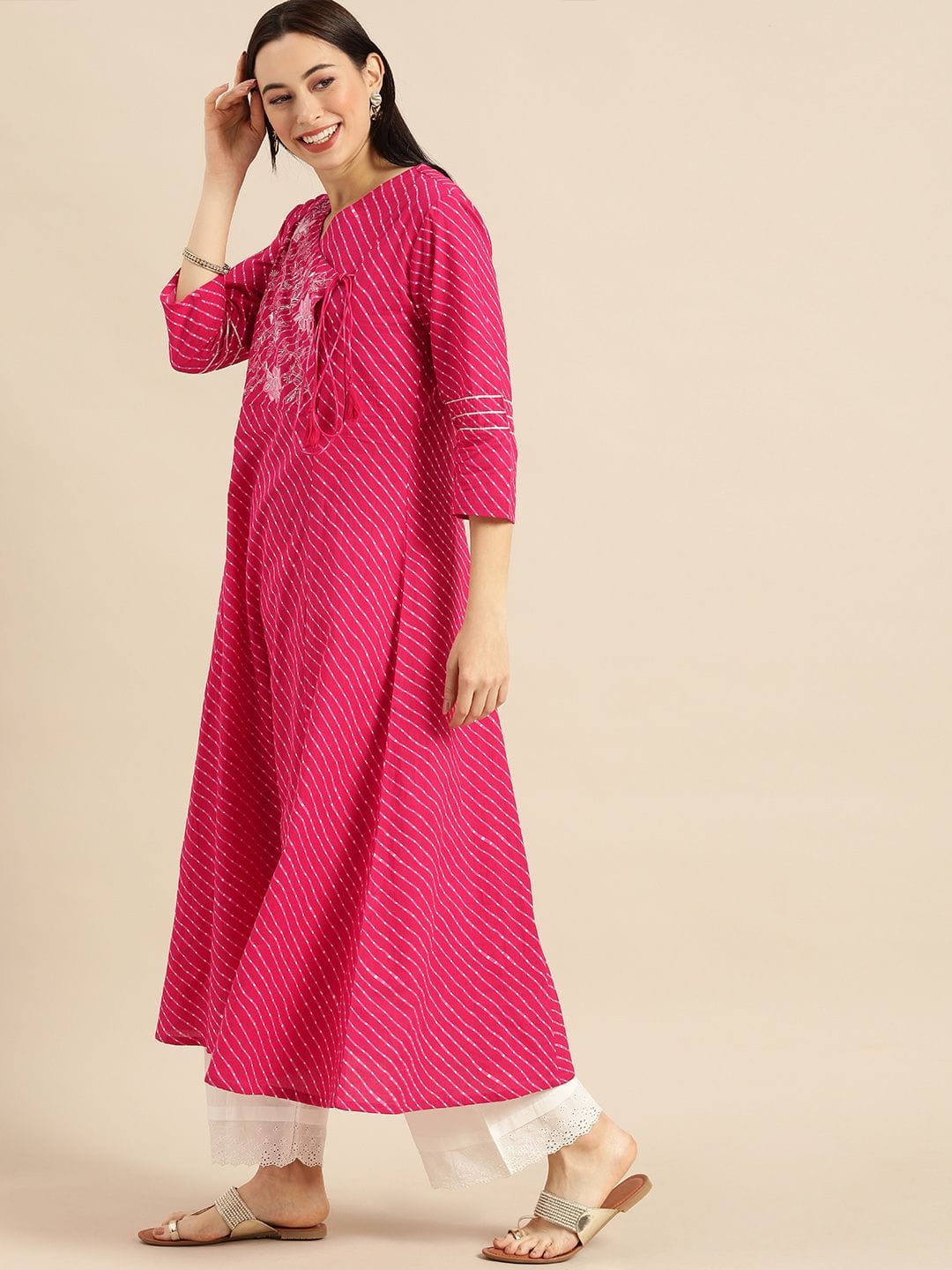 Women's Pink & White Leheriya Printed Angrakha Kurta With Embroidery