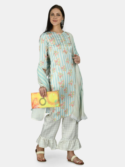 Women's Multi Silk Stripe Printed 3/4 Sleeve Round Neck Casual Kurta Palazzo Dupatta Set
