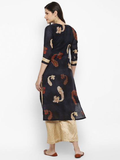 Women's Blue Color Chanderi Silk Straight Digital Printed Kurta Palazzo Set