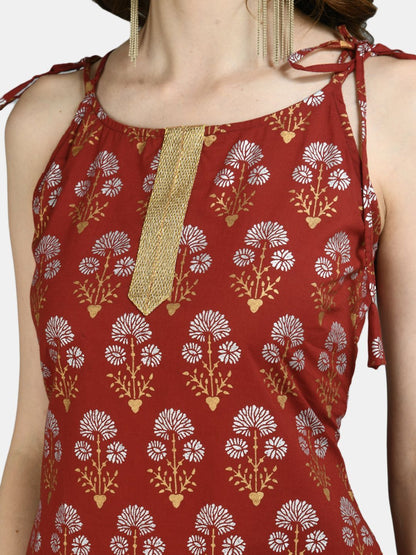 Women Maroon Printed Cotton kurta by Myshka (