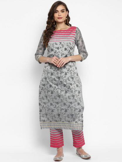 Women's Grey Color Chanderi Silk Straight Printed Kurta Pant Set