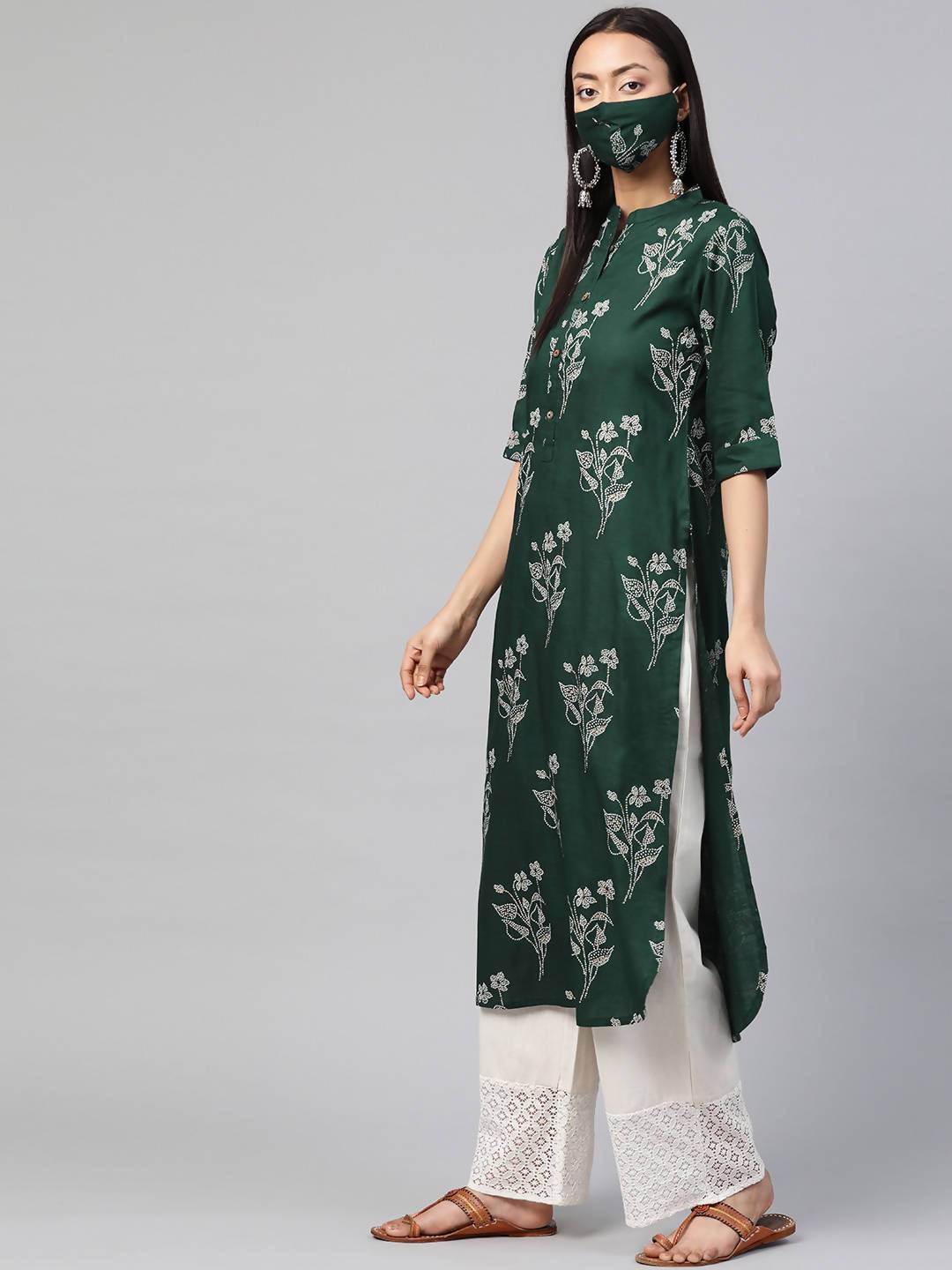 Women's Rayon Slub Bandhani Straight Kurta With Mask