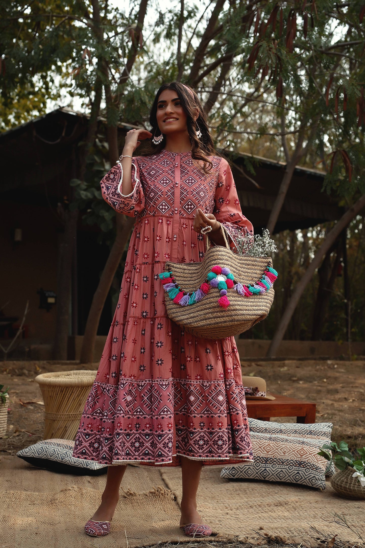 Buy_Women's_Peach_Cambric_Mexican_Print_Tiered_Dress_With_Mask_Online_Trendia