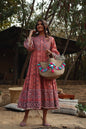 Buy_Women's_Peach_Cambric_Mexican_Print_Tiered_Dress_With_Mask_Online_Trendia