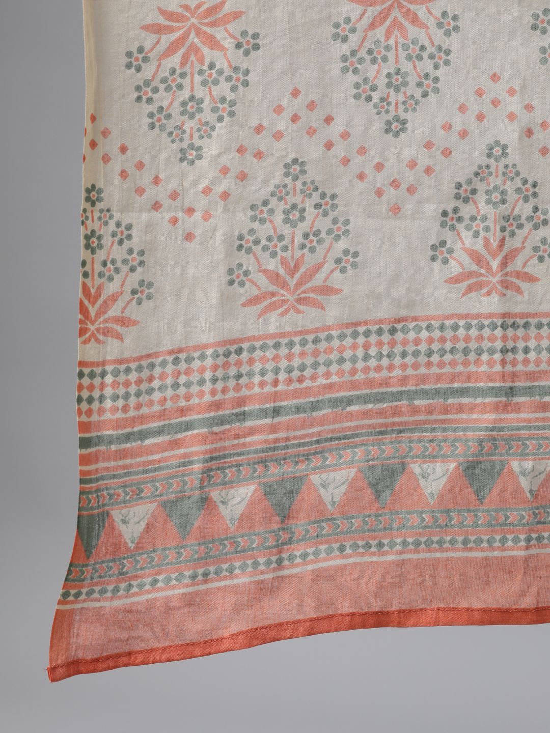 Women's Peach & Green Ikat Printed Straight Kurta With Palazzo & Dupatta Set