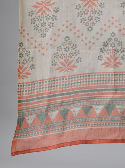 Women's Peach & Green Ikat Printed Straight Kurta With Palazzo & Dupatta Set