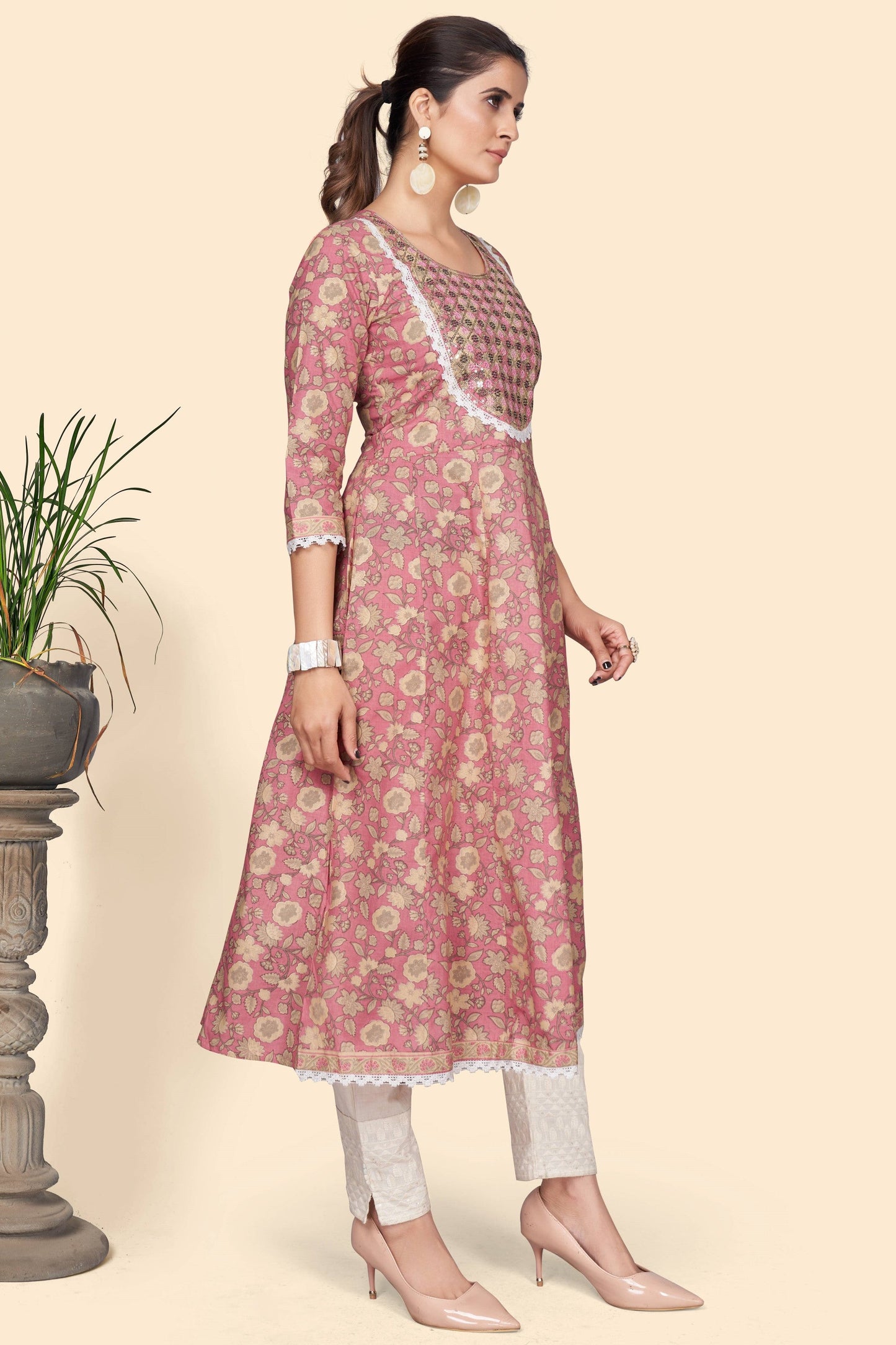 Women's Print & Embroidered A-Line Cotton Pink Stitched Kurta