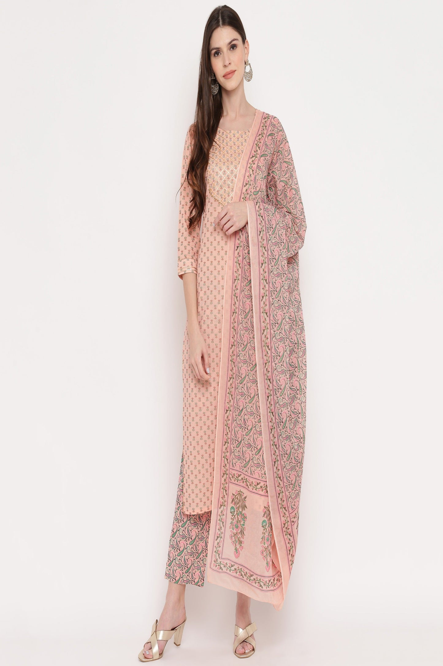 Women's Foil Print & Gota Patti Work Straight Cotton Peach Kurta,Pant & Dupatta