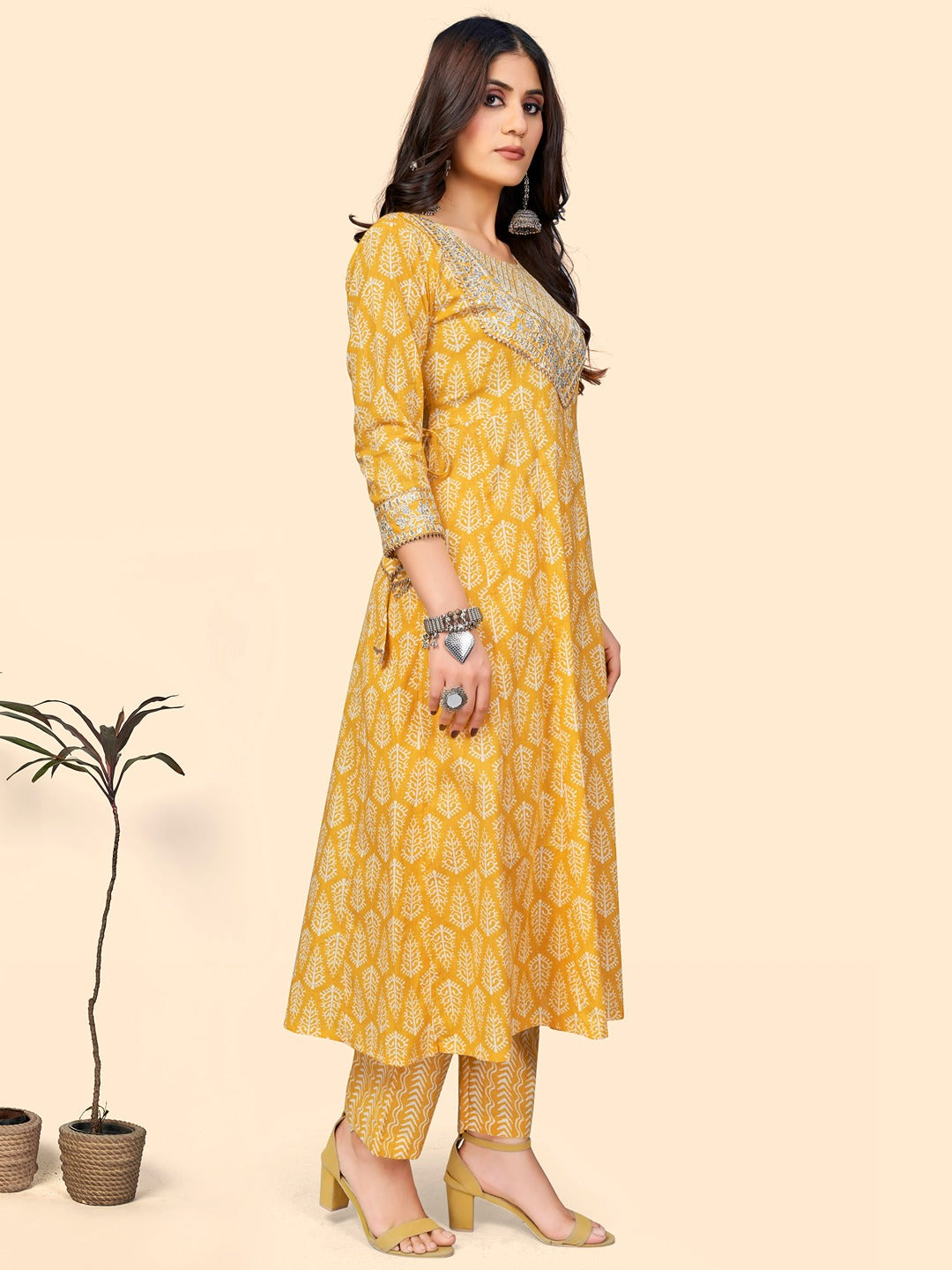 Women's Print & Sequience A-Line Cotton Yellow Stitched Kurta Pant With Dupatta