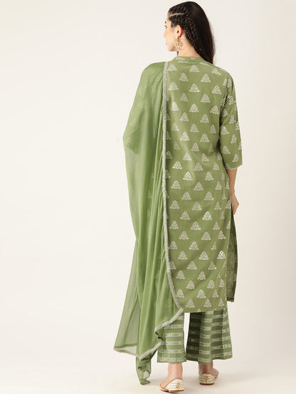 Women's Elaichi Color Rayon Blend Straight Printed Kurta Palazzo With Dupatta