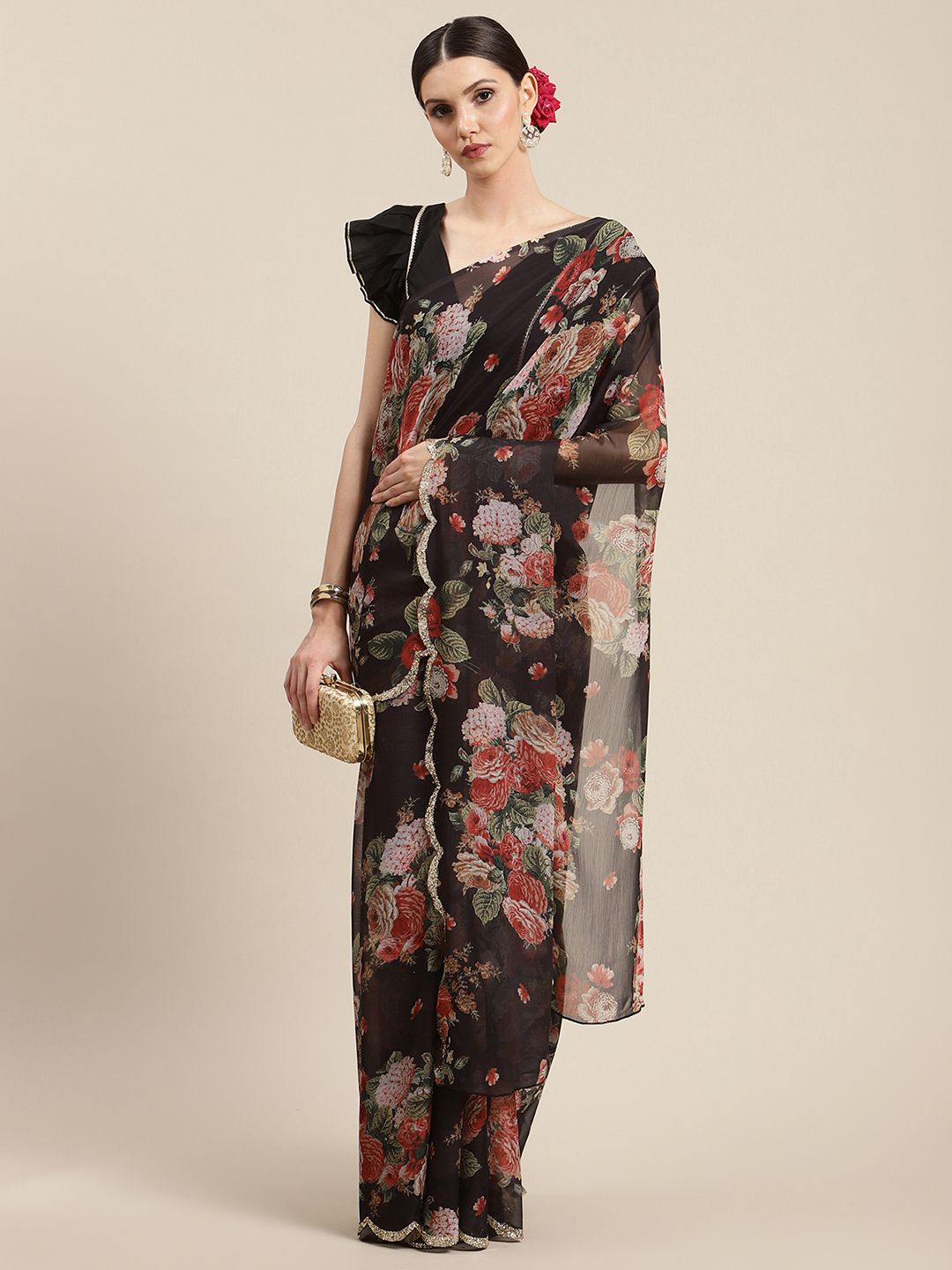 Women's Black Chiffon Digital Print Floral Saree