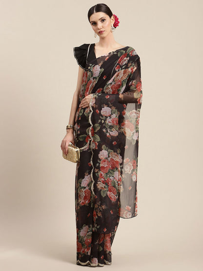 Women's Black Chiffon Digital Print Floral Saree