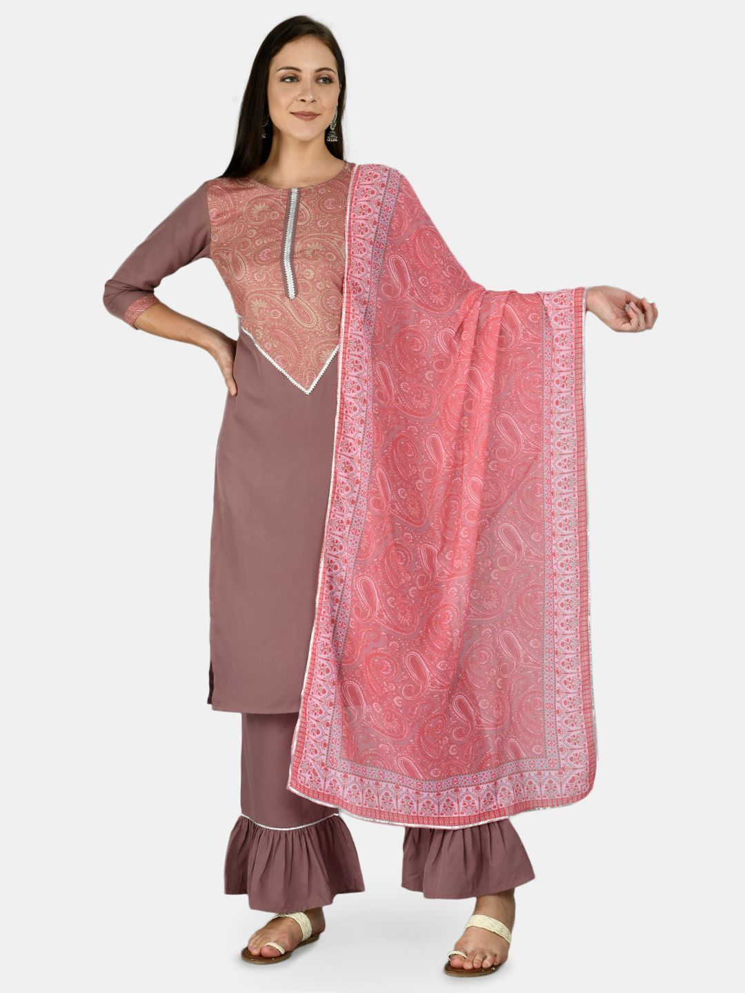 Women's Purple Polyester Printed 3/4 Sleeve Round Neck Casual Kurta Palazzo Dupatta Set