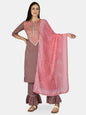 Women's Purple Polyester Printed 3/4 Sleeve Round Neck Casual Kurta Palazzo Dupatta Set