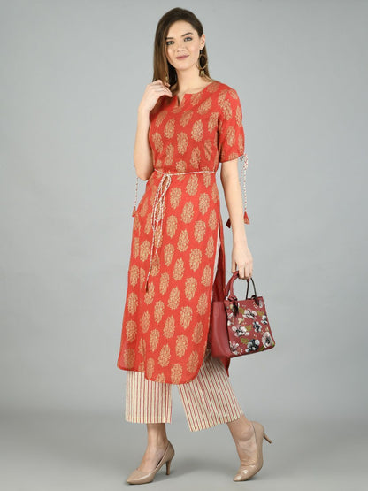 Women's Brown Cotton Printed Half Sleeve Round Neck Casual Kurta Pant Set