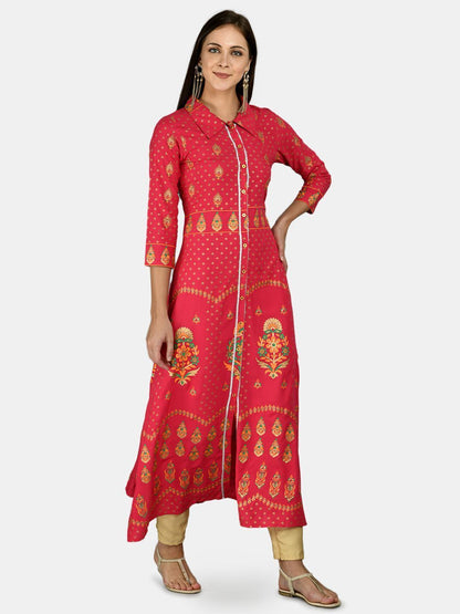 Women's Red Cotton Printed 3/4 Sleeve Shirt Collar Casual Anarkali kurta