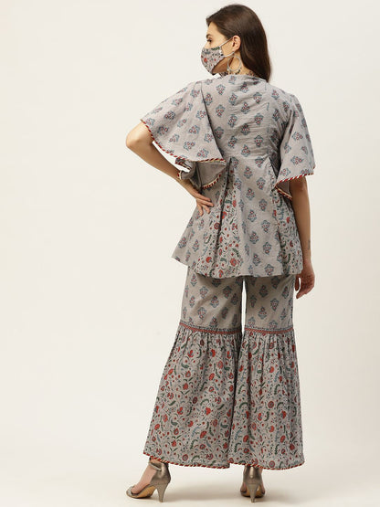 Women's Floral Print Tunic Sharara Set With Mask