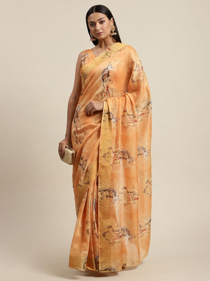 Women's Orange Chanderi Digital Printed Saree