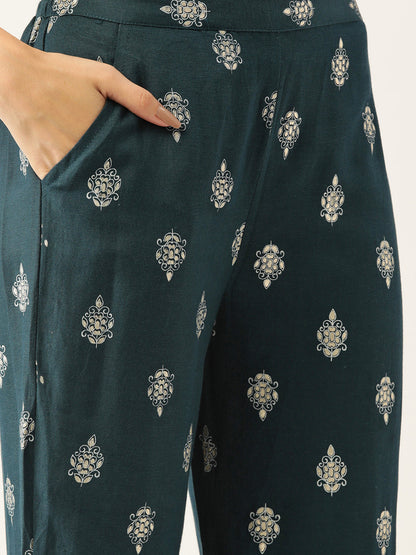Women's Dark Rama Color Rayon Blend Printed Kurta Sharara With Dupatta