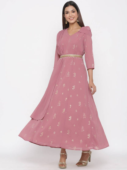 Buy_Women's_Rosegold_Georgette_Printed_Flared_Dress_Online_Trendia