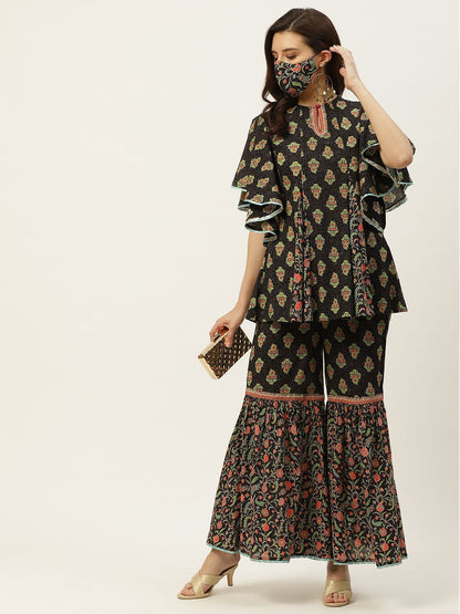 Women's Floral Print Tunic Sharara Set With Mask