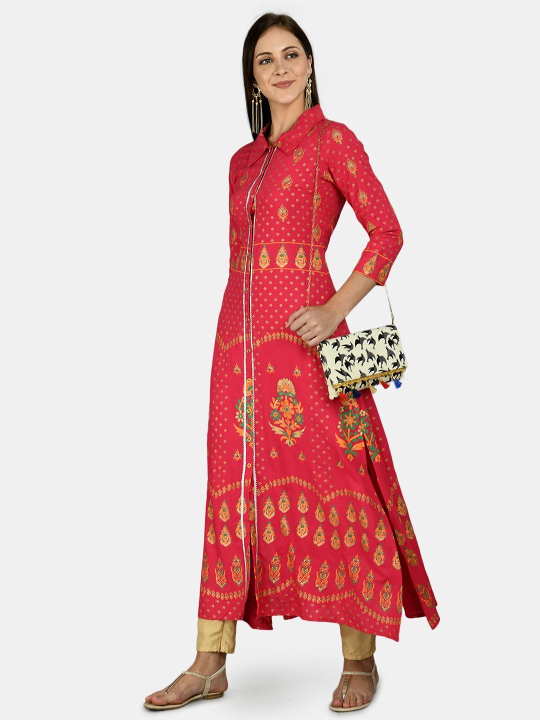 Women's Red Cotton Printed 3/4 Sleeve Shirt Collar Casual Anarkali kurta