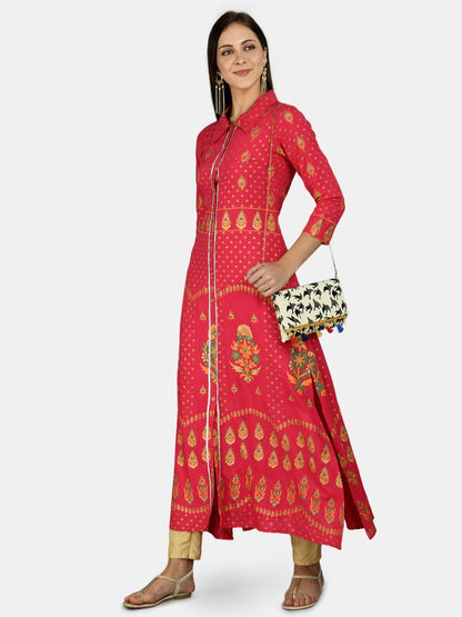Women's Red Cotton Printed 3/4 Sleeve Shirt Collar Casual Anarkali kurta
