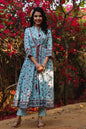 Women's Blue Cambric Floral Print Panelled Kurta With Mask