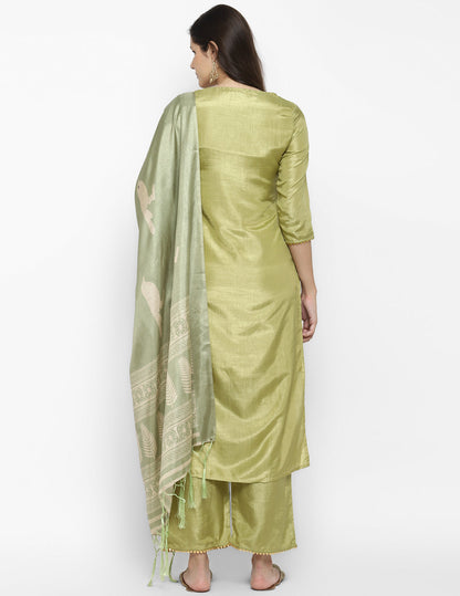 Women's Green Color Silk Blend Straight Kurta Palazzo With Dupatta