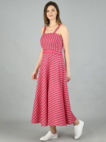 Women's Pink Cotton Printed Sleeveless Off Shoulder Casual Dress