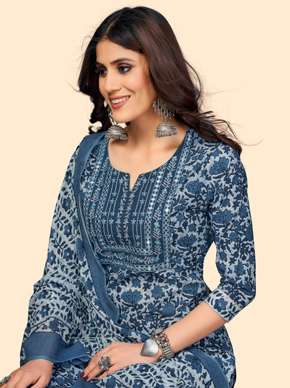 Women's Print & Embroidered Straight Cotton Blue Stitched Kurta Pant With Dupatta
