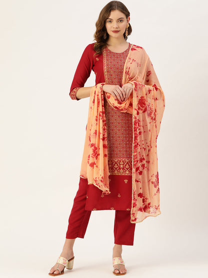 Women's Maroon Cotton Blend Panelled Printed Straight Kurta Trouser Set With Dupatta