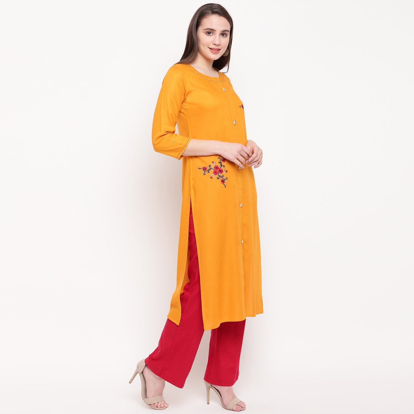 Women's Embroidered/Solid Straight Rayon Yellow Kurta (1Pc)