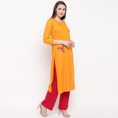 Women's Embroidered/Solid Straight Rayon Yellow Kurta (1Pc)