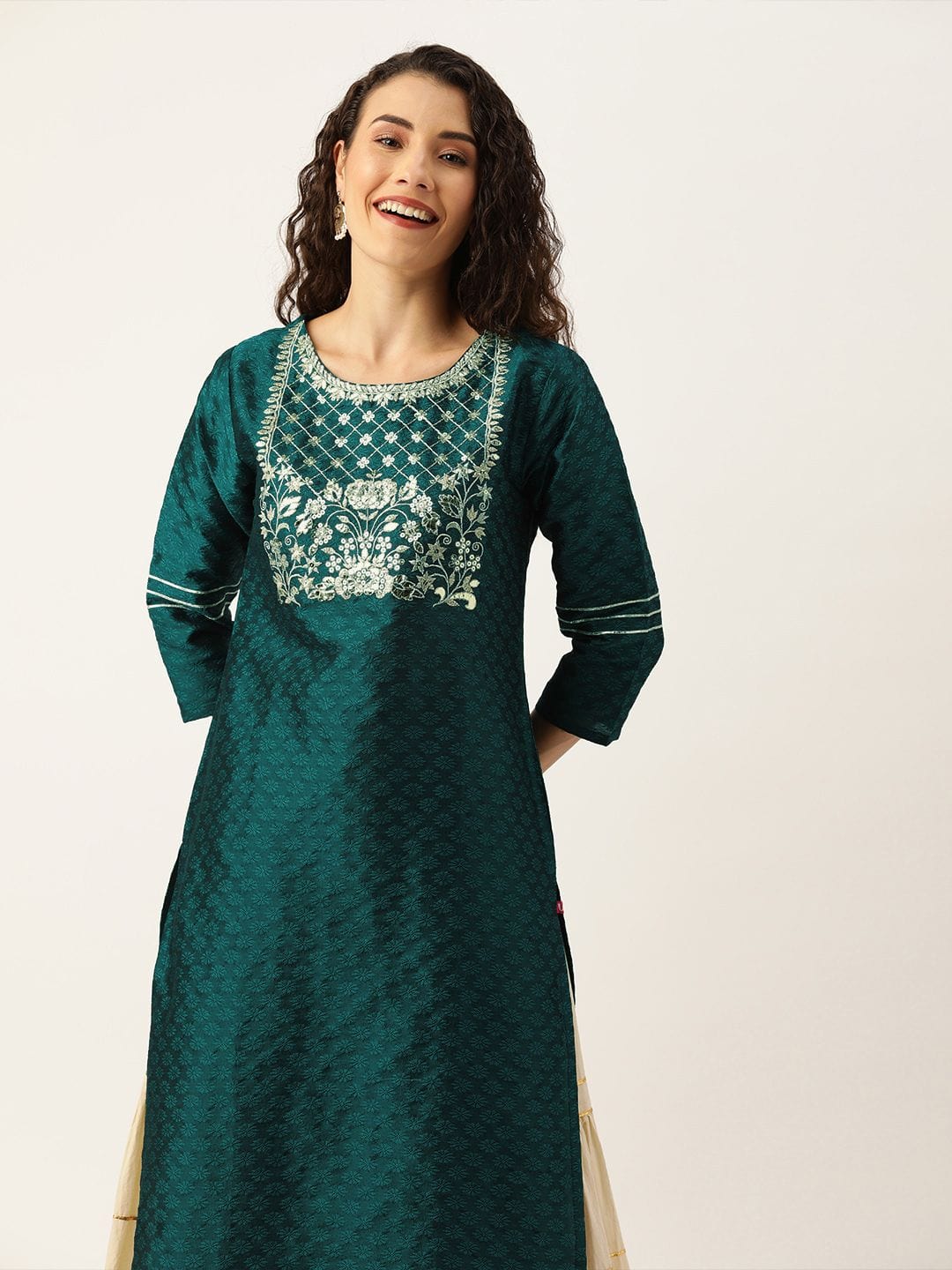 Women's Green & Silver-Toned Yoke Design Straight Kurta