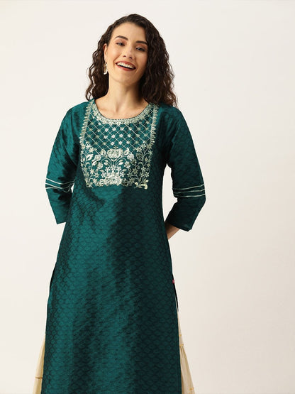 Women's Green & Silver-Toned Yoke Design Straight Kurta