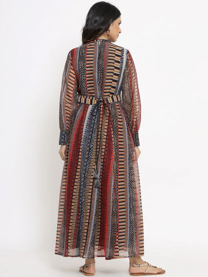 Women's Alphin Chiffon Printed Flared Dress with Waist Tie-up