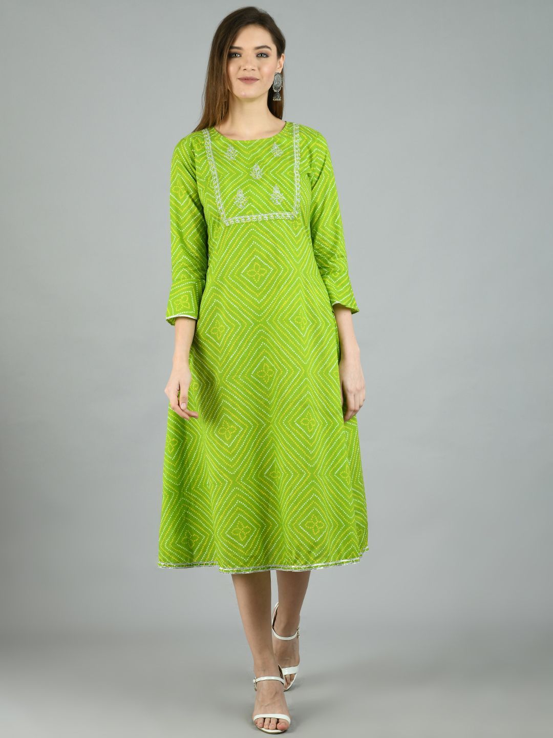 Women's Green Cotton Printed 3/4 Sleeve Round Neck Casual Dress