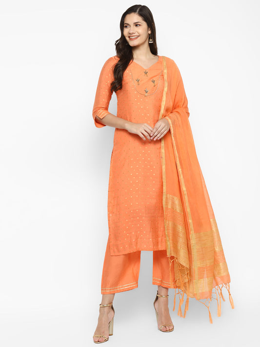 Women's Orange Color Chanderi Silk Embroidered Straight Kurta Palazzo With Dupatta