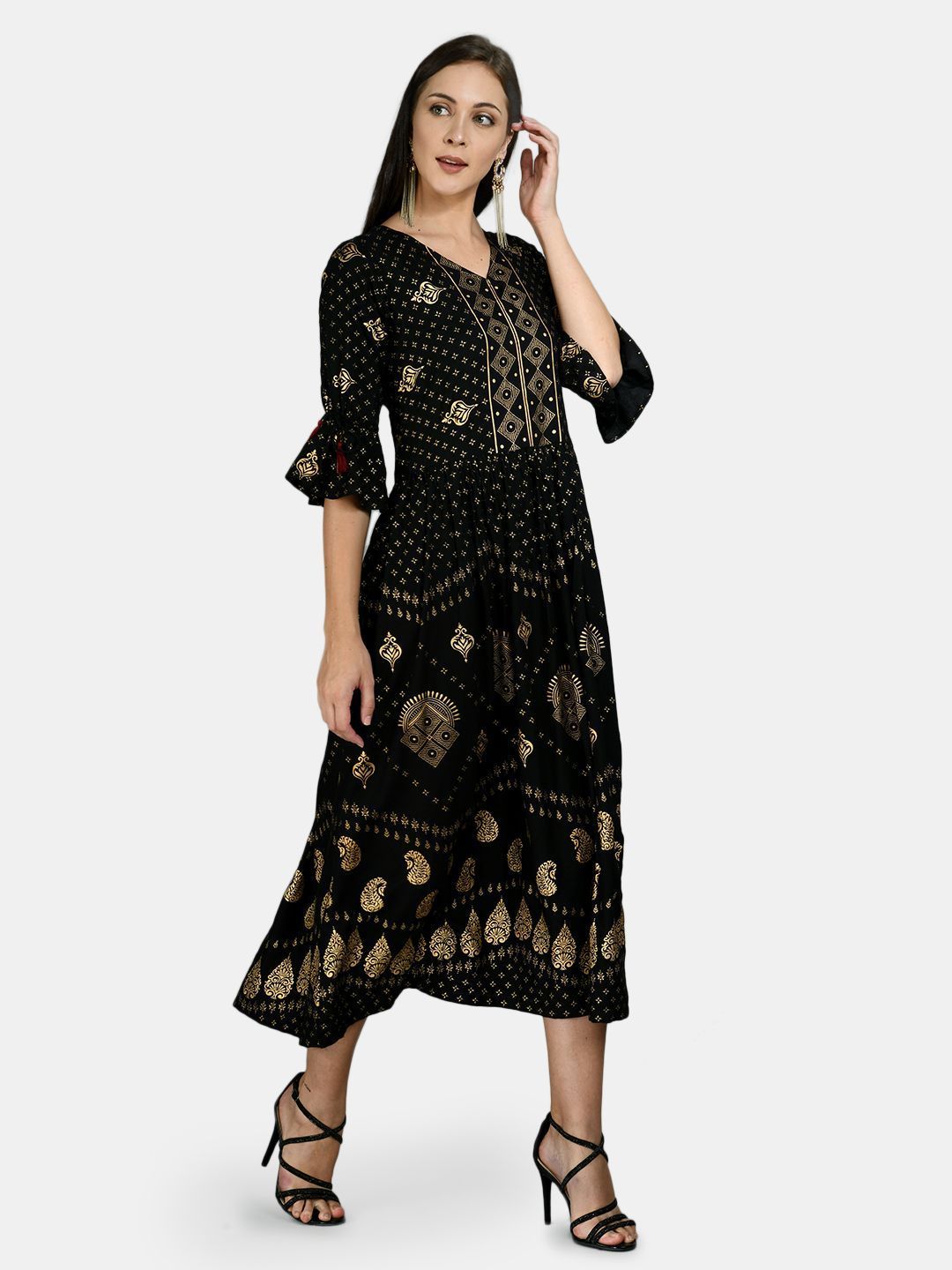 Women's Black Rayon Printed 3/4 Sleeve V Neck Casual Dress