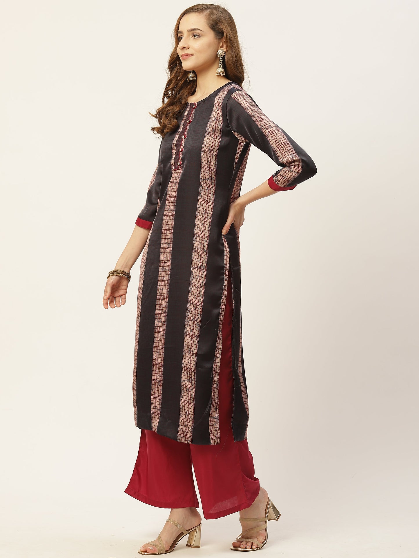 Women's Satin Kurta And Palazzo With Dupatta Set