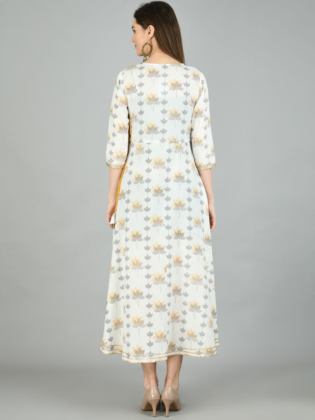 Women's Off White Cotton Printed 3/4 Sleeve V Neck Casual Dress