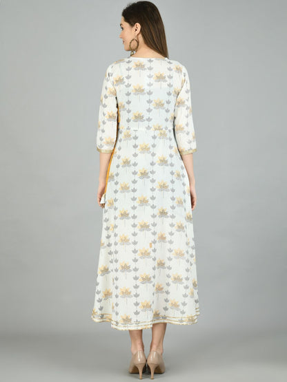 Women's Off White Cotton Printed 3/4 Sleeve V Neck Casual Dress