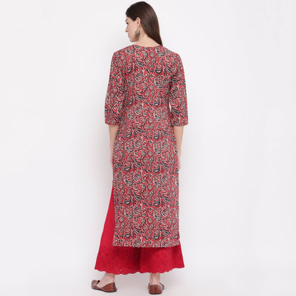Women's Red Kalamkari Print Cotton Kurta By Vbuyz- (