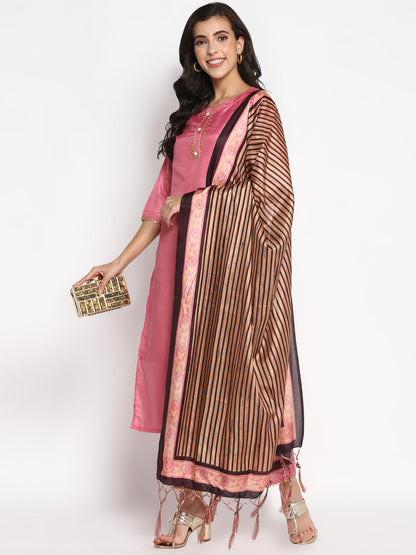 Women's Pink Color Silk Blend Straight Kurta Palazzo With Dupatta