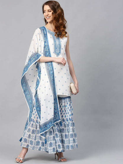Women's Georgette Printed Straight Kurta Sharara Dupatta Set