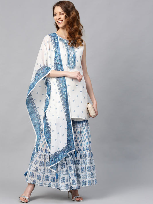Women's Georgette Printed Straight Kurta Sharara Dupatta Set