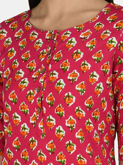 Women's Pink Cotton Printed Half Sleeve Round Neck Casual Kurta
