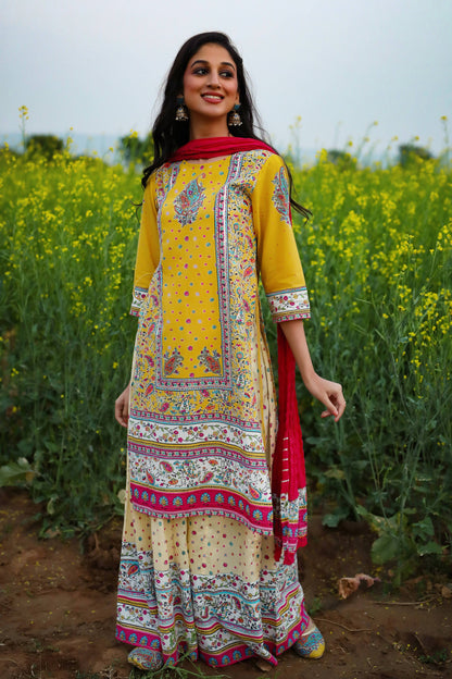 Women's Cambric Printed Straight Kurta Palazzo Dupatta Set